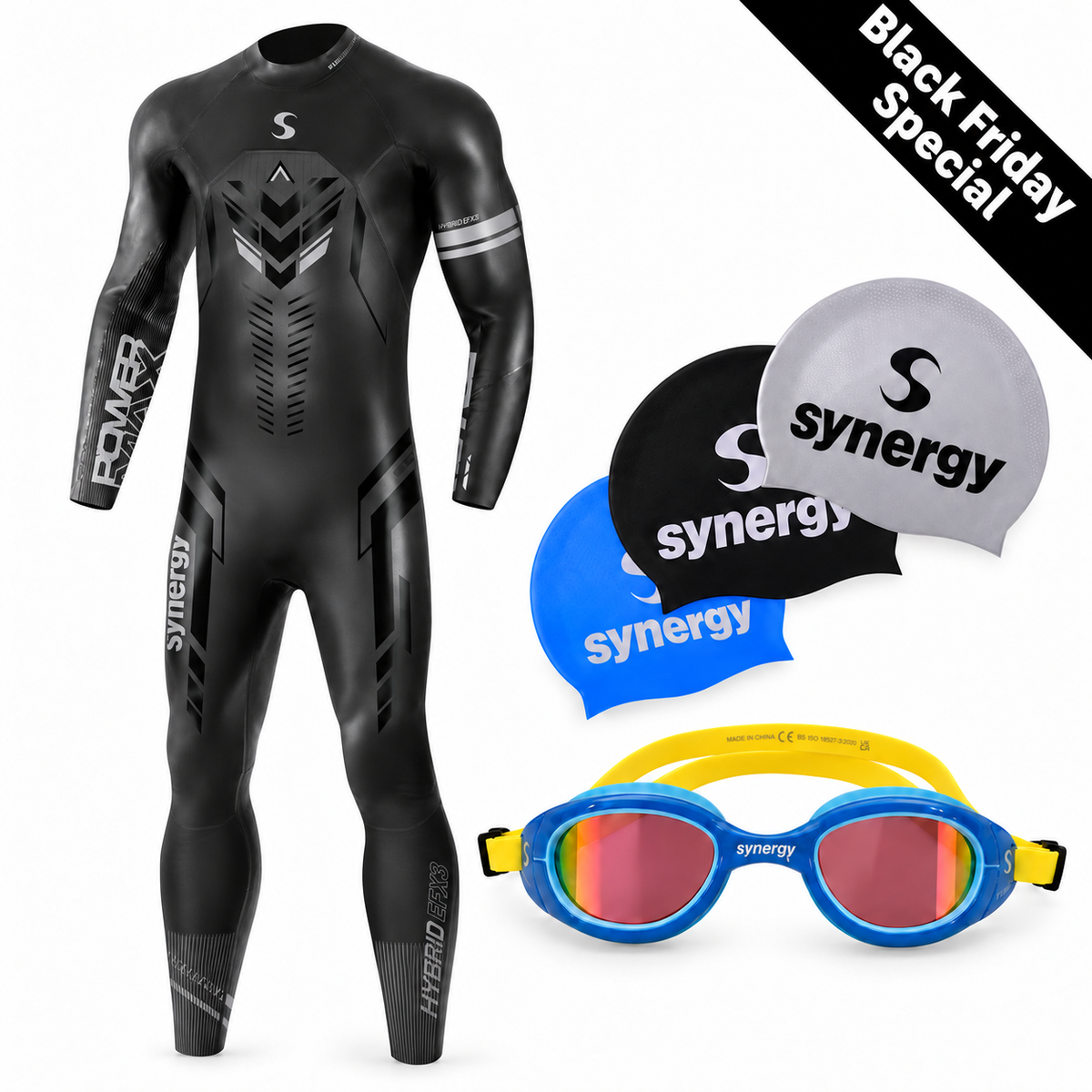 Men's Hybrid EFX3 Fullsleeve Swim Bundle with Blue/Gold Trisight goggles and Black/Blue/Silver Big Logo silicone swim caps (3-pack)