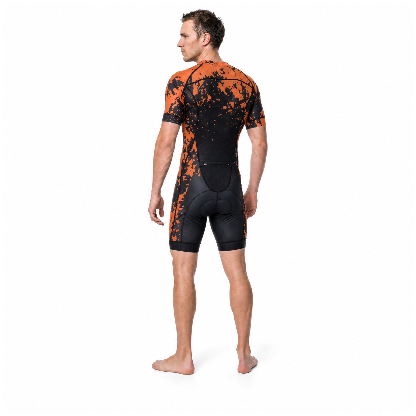 Men's Elite Short Sleeve Tri Suit - Amber Splash - Athlete Back Three-Quarter