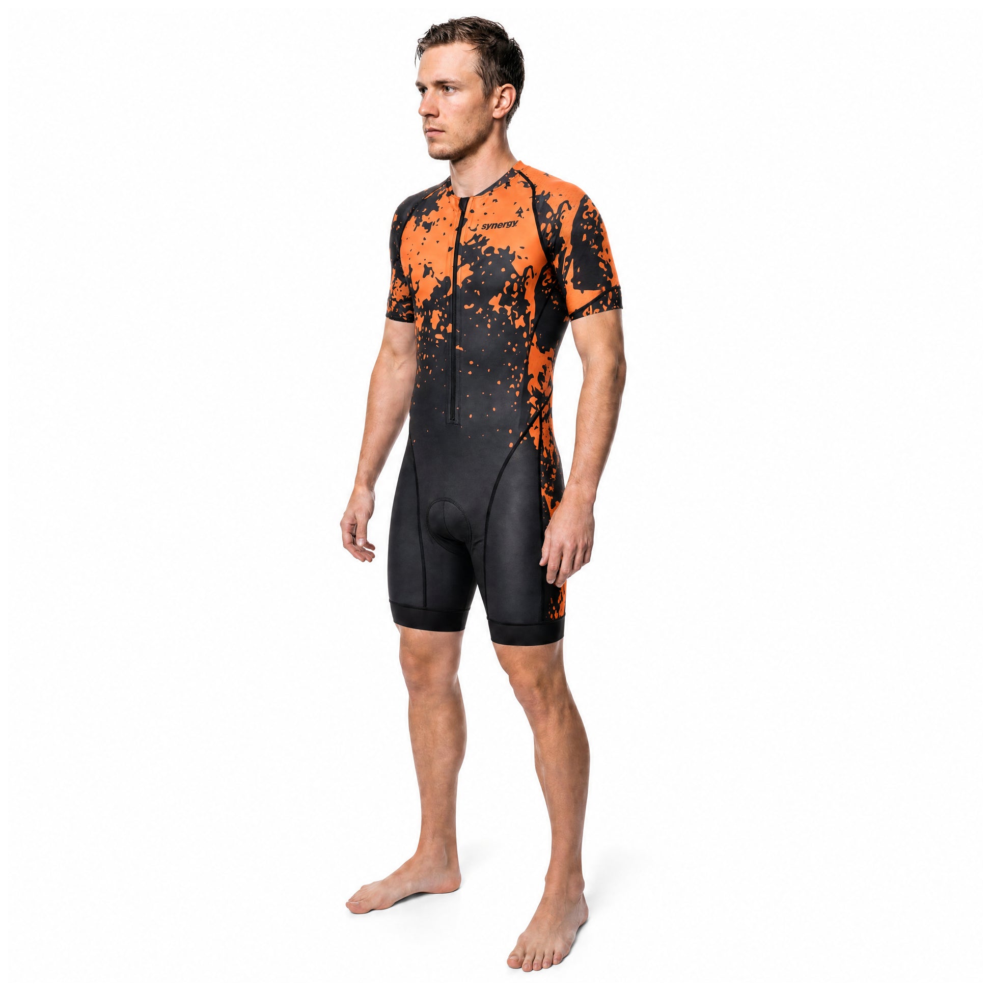 Men's Elite Short Sleeve Tri Suit - Amber Splash - Athlete Front Three-Quarter
