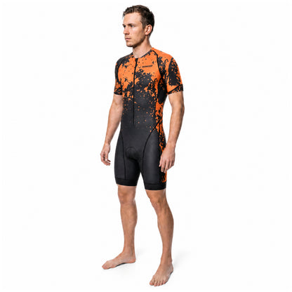 Men's Elite Short Sleeve Tri Suit - Amber Splash - Athlete Front Three-Quarter