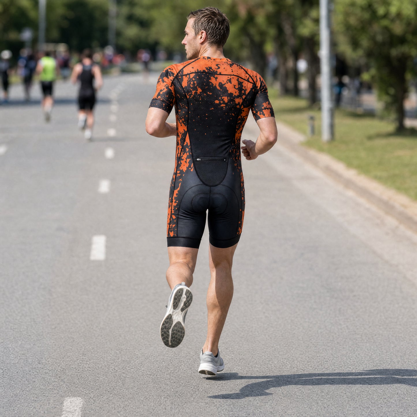 Men's Elite Short Sleeve Tri Suit - Amber Splash - Marathon Running Back