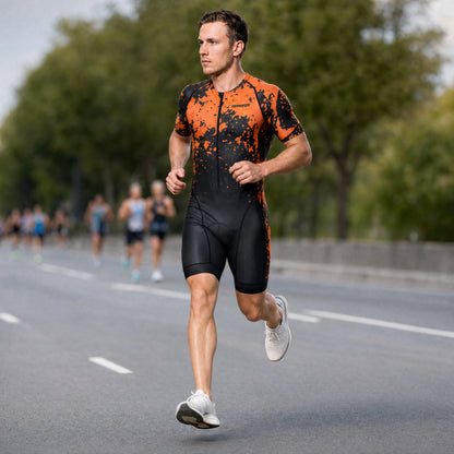 Men's Elite Short Sleeve Tri Suit - Amber Splash - Marathon Running Front
