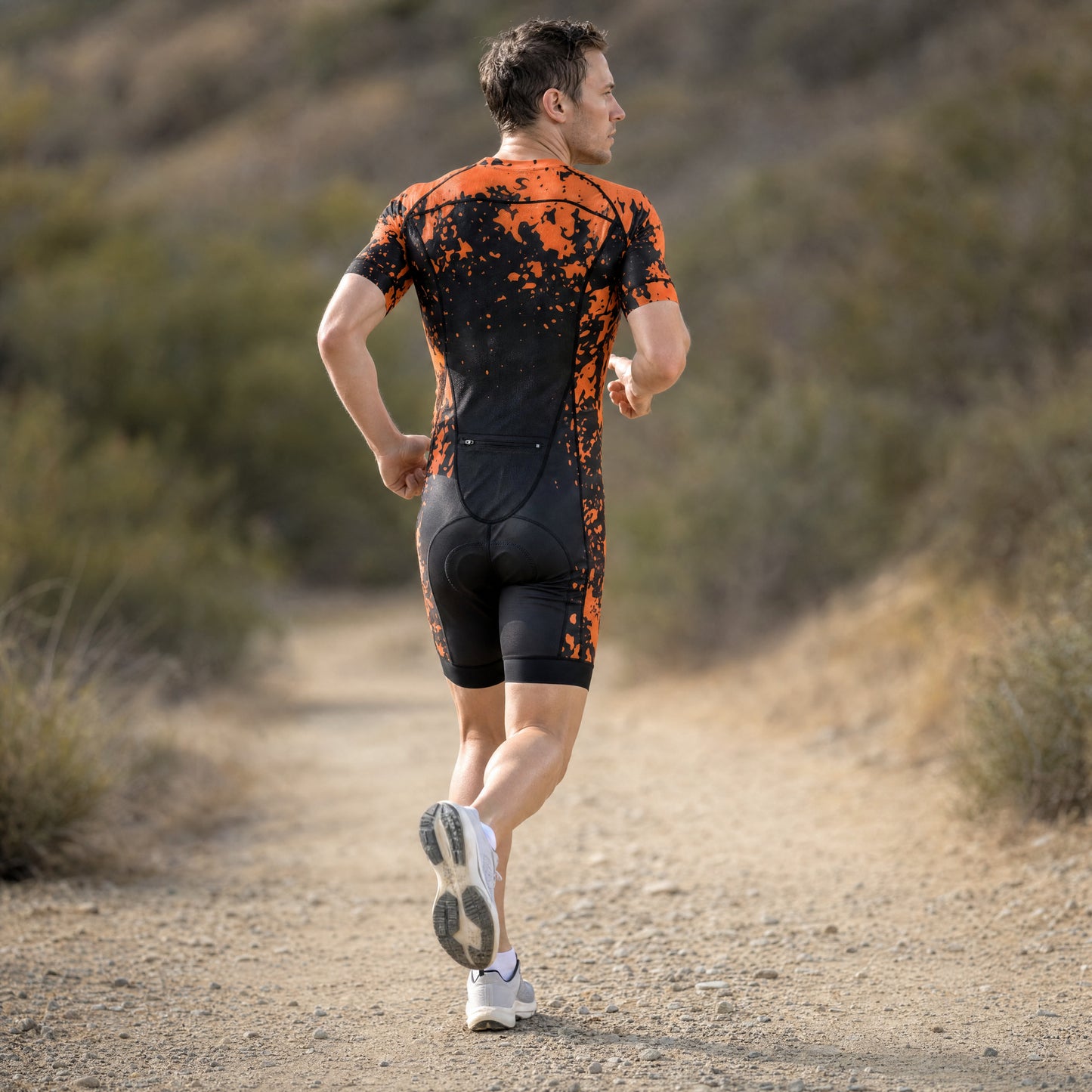 Men's Elite Short Sleeve Tri Suit - Amber Splash - Trail Running Back