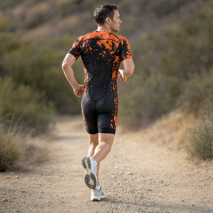 Men's Elite Short Sleeve Tri Suit - Amber Splash - Trail Running Back