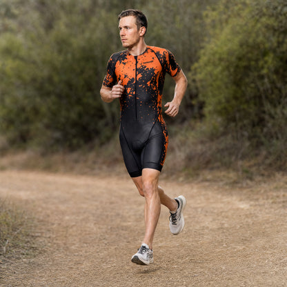 Men's Elite Short Sleeve Tri Suit - Amber Splash - Trail Running Front