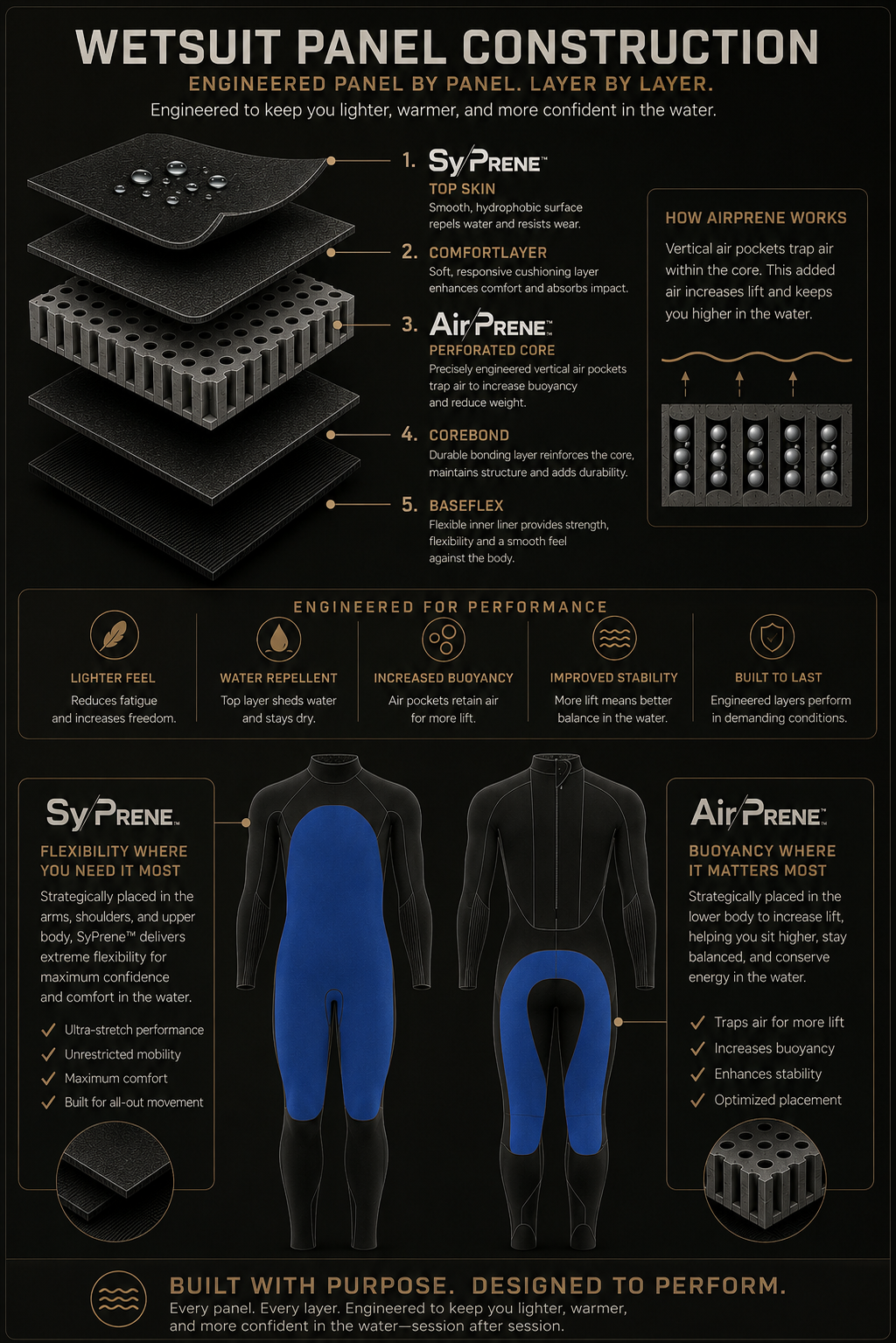 Wetsuit panel construction infographic explaining SyPrene top skin, comfort layer, Airprene perforated core, Corebond, and Baseflex placement